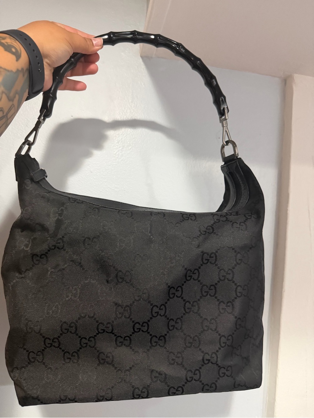 Gucci Black GG Jacquard Bamboo-Handle Shoulder Bag - Noir